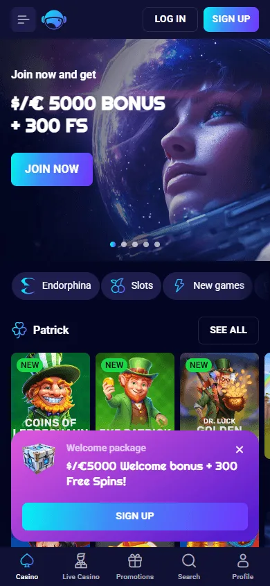 Spinjo Casino mobile home for playing casino games on a phone