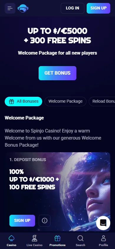 Spinjo Casino mobile promotions area with casino bonuses