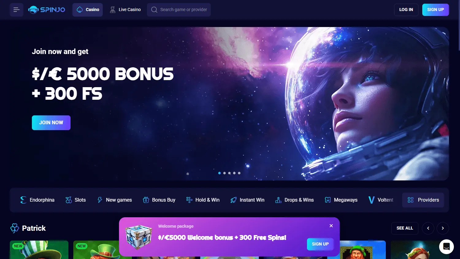 Spinjo Casino desktop home with casino games and promotional features