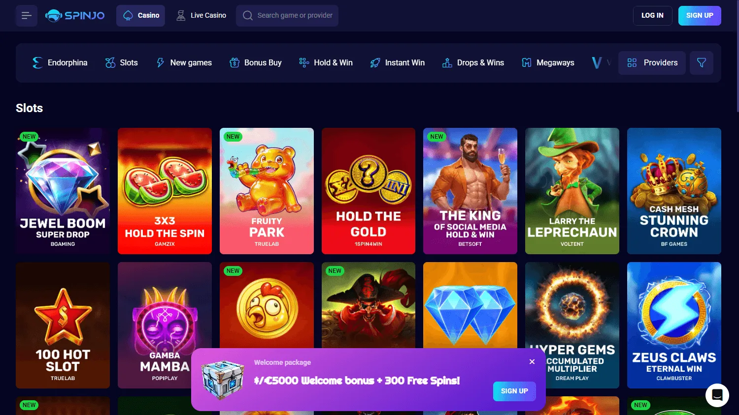 Spinjo Casino desktop games area with casino categories and titles