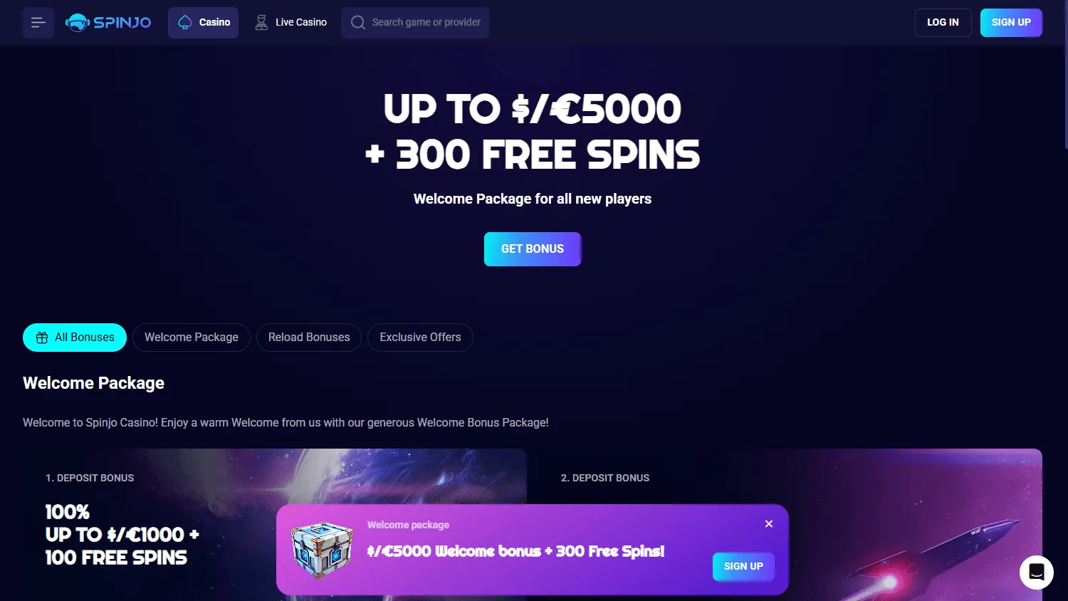 Spinjo Casino desktop promotions area with deposit bonuses and free spins