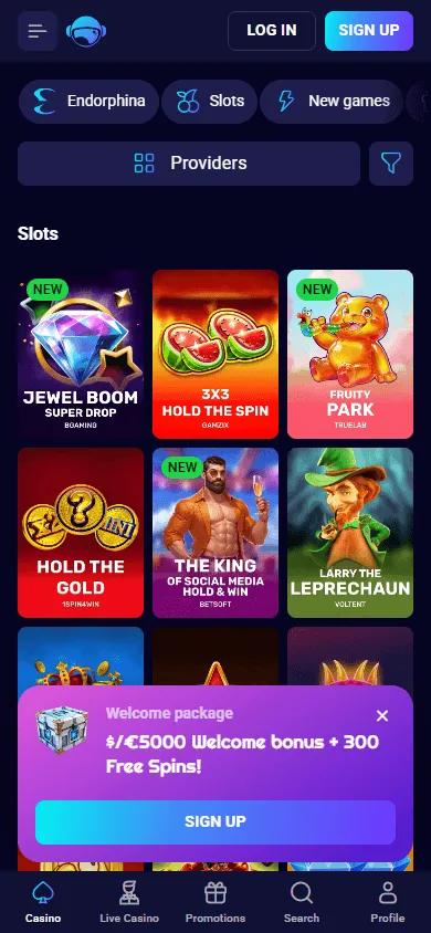 Spinjo Casino mobile games area with casino categories